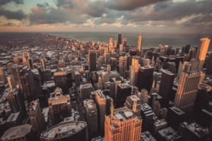 Chicago downtown skyline looking over Lake Michigan