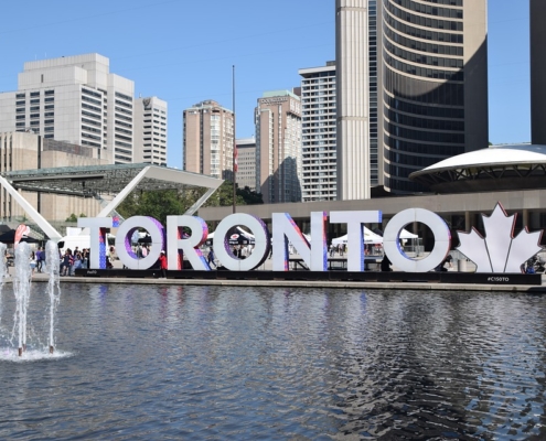 Photo of the 3D Toronto sign in Nathan Phillips Square in Toronto, Ontario, Canada.